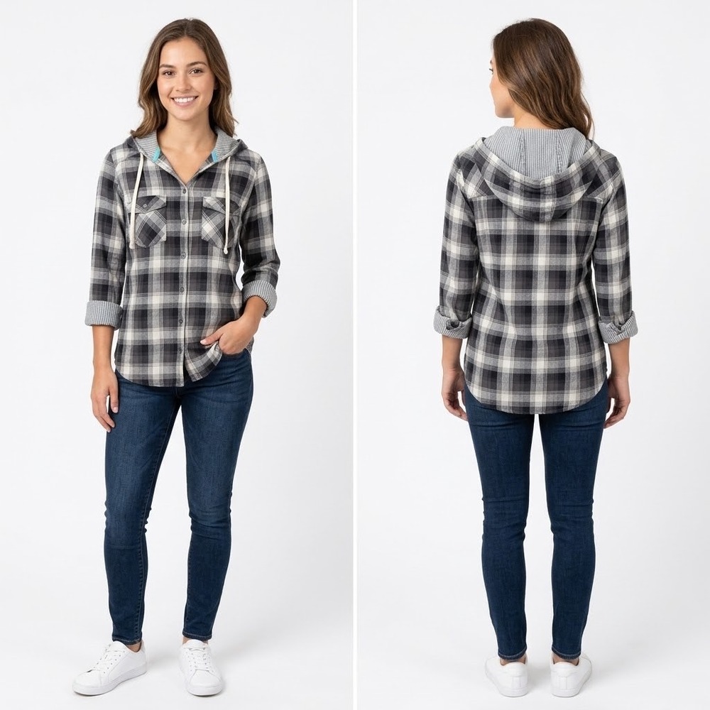 Columbia Womens Gray Plaid Hooded Button Down Shirt Flannel Size M